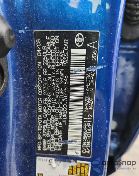 2008 Toyota Prius z USA, uszkodzony, nr VIN JTDKB20U787781846